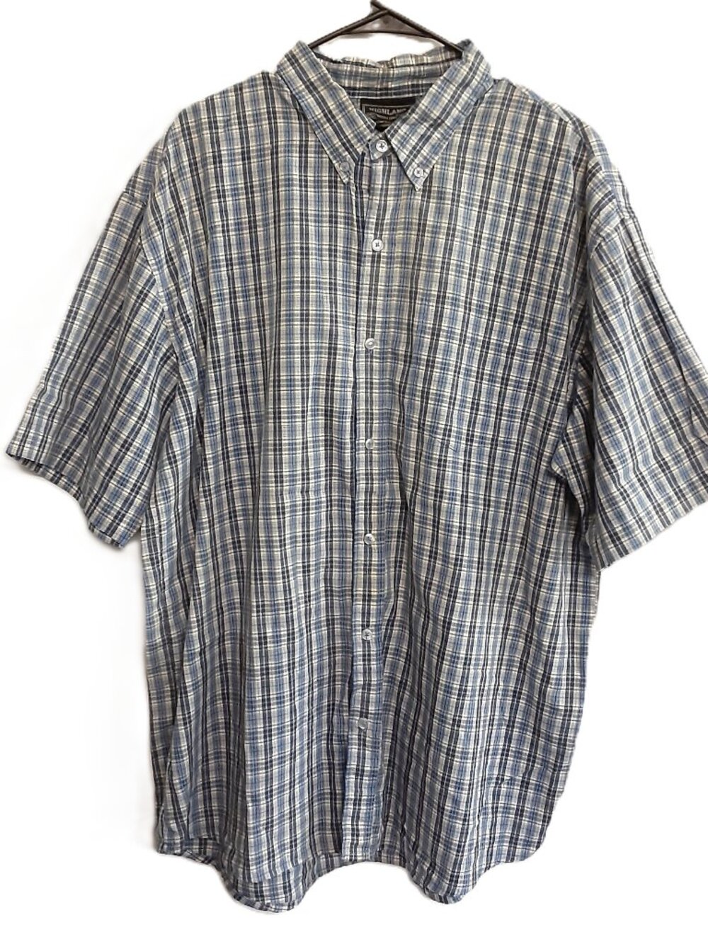 Highland Outfitters Mens Shirt XL Blue Plaid Short Sleeve Button-up Cotton/Poly